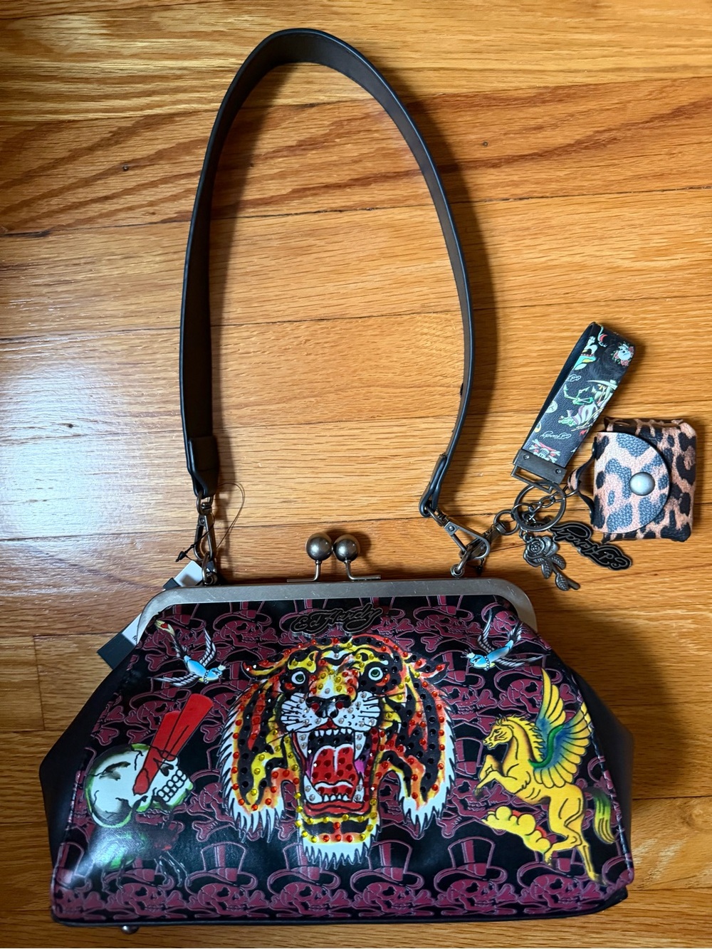 NWT Ed Hardy Rhinestone Tiger Kisslock Shoulder Bag & Keychain Pouch Set Y2K